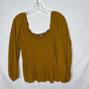 Madewell Mustard Lucie Ruffled Smocked 3/4 Sleeve Blouse. Size 14.